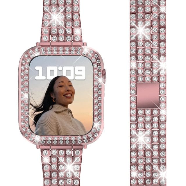Rhinestone Stainless Steel Watch Band With Case - Pink Gold