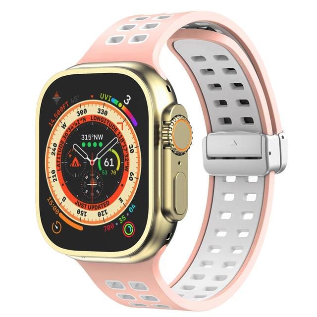 Breathable Magnetic Sports Watch Band - Pink White/ Silver