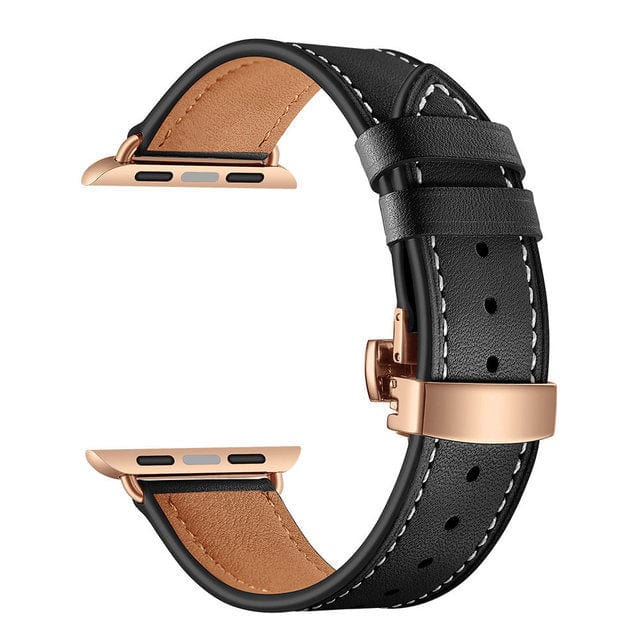 Leather Watch Band - Black & Rose Gold Buckle