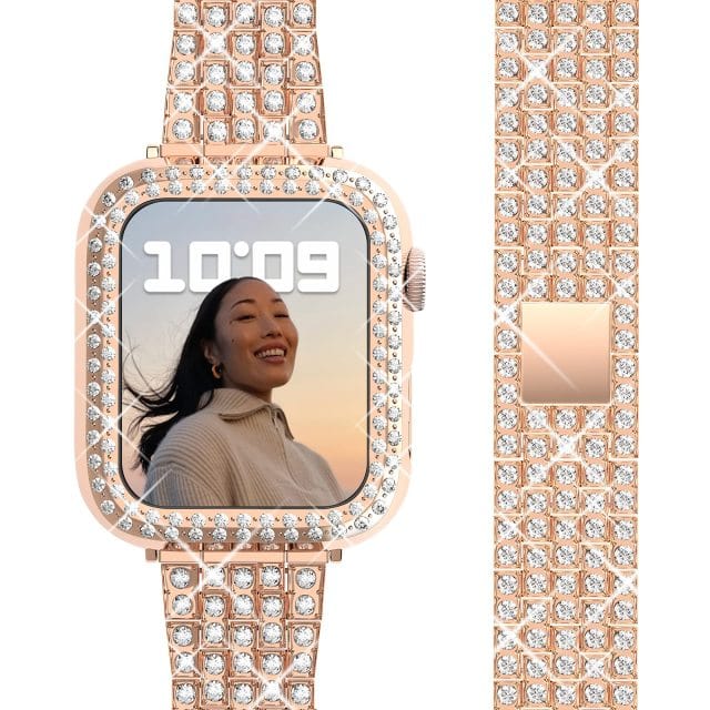 Rhinestone Stainless Steel Watch Band With Case - Rose Gold