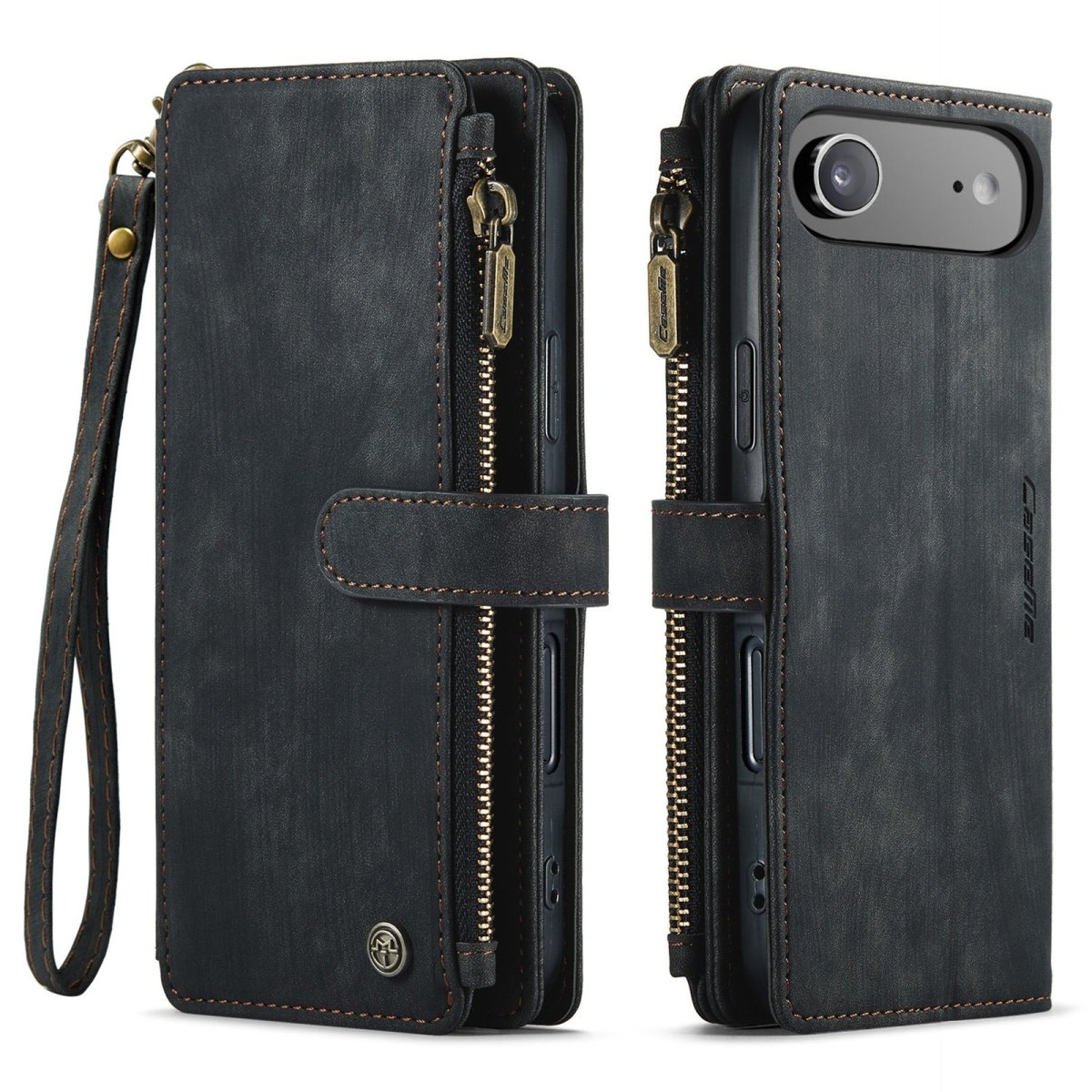 Zipper Leather Wallet Phone Case - Black